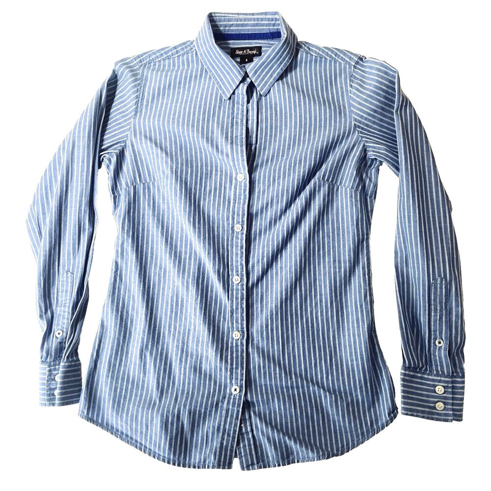 Y2K Steve & Barrys Blue Pinstripe Button Down Shirt Academia Classic Size S VTG